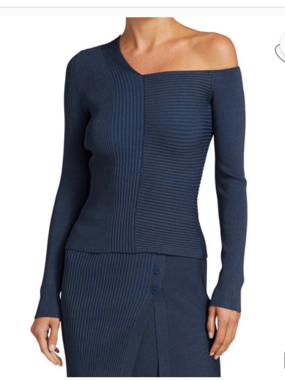 Jonathan Simkhai Navy Asymmetric Ribbed Off-the-Shoulder Sweater